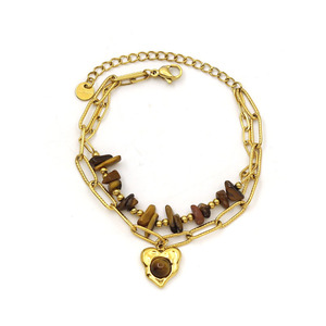 Pulsera Vintage de Acero Inoxidable Chapado en Oro con Piedra de Tigre y Cuentas de Piedra Natural Triturada, con Colgante de Ojo - Product Image 5