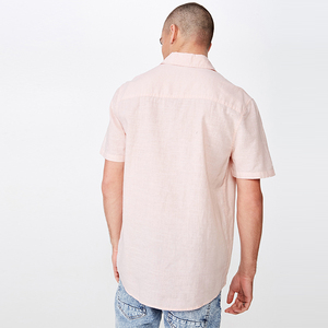 2020 good quality short sleeve men stretch slim 100%cotton linen pink shirts - Product Image 4