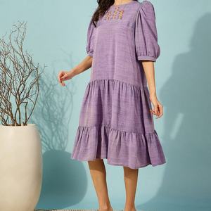 Vestido Midi de Verano Personalizable, Elegante, de Algodón y Lino, con Cuello Cuadrado, Estilo Casual, Línea A, con Volantes y Mangas Cortas para Mujer - Product Image 4