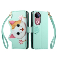 Étui portefeuille en cuir avec fermeture éclair et multiples fentes pour cartes pour Samsung Galaxy A06 A16 A26 A36 A56 5G A15 A25 A35 A55 A05 A05S, avec cordon et motif chat