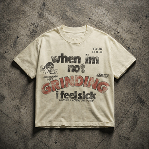Men's Regular Fit Beige Wash Distress Vintage Breathable Knitted Cotton Short Sleeve <b>T</b>-<b>Shirts</b> Custom Letter Gradient Character - Product Image 1