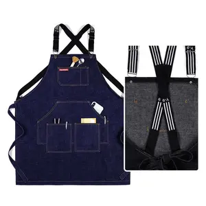 Hot Selling Custom Striped Denim Pocket Black and Deep Blue Kitchen Cooking Apron