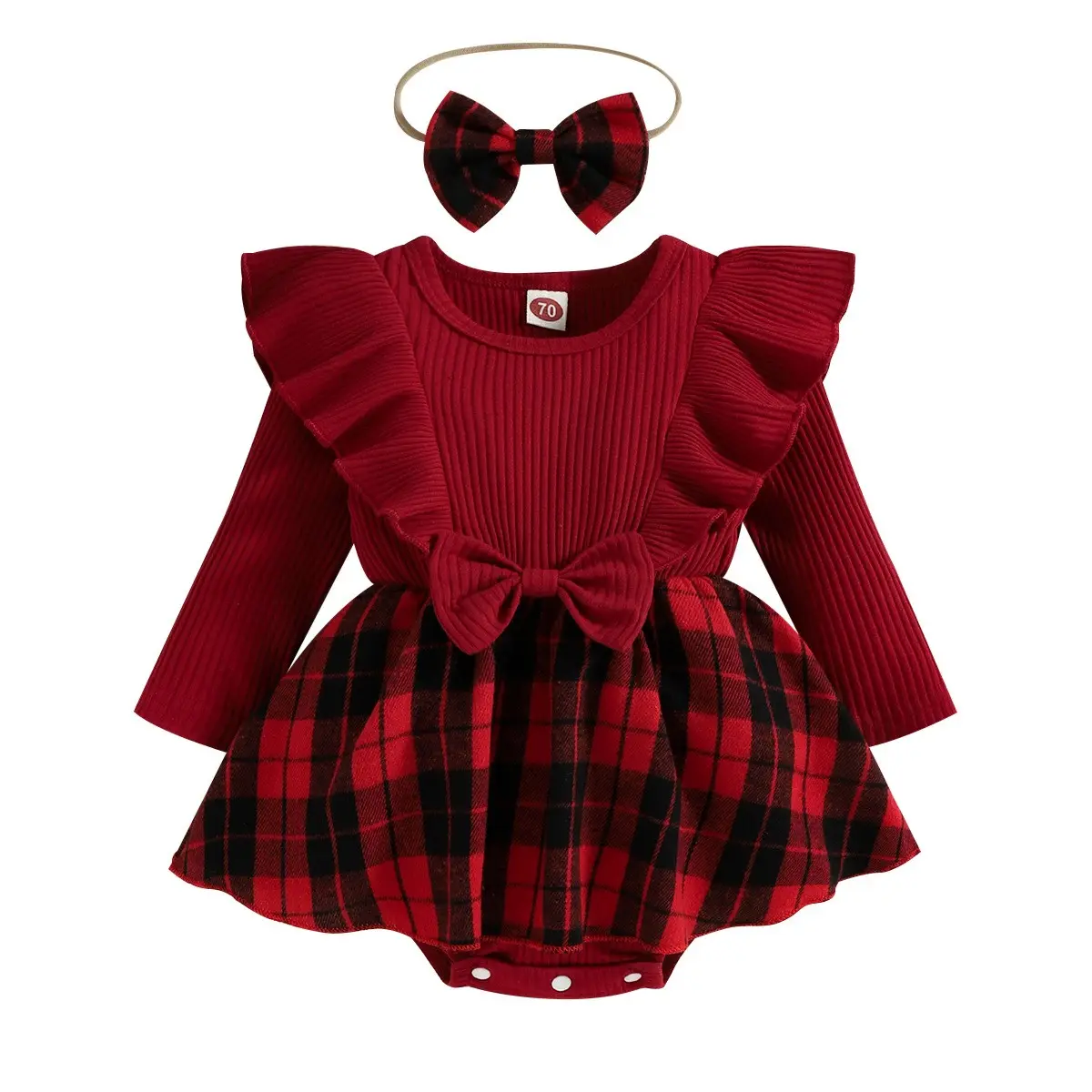 ชุดหมีแขนยาว2023สำหรับเด็กผู้หญิงชุดหมีสีแดงลายสก็อตเสื้อผ้าคริสต์มาสชิ้นแรก