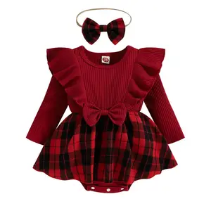 2023 Long Sleeve Romper Baby Girl Knitted Plaid Red Rompers First Christmas Clothes