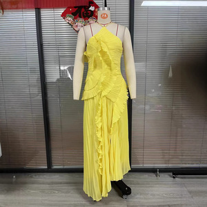 Robe en mousseline haut <span class=keywords><strong>de</strong></span> gamme exclusive transfrontalière pour femme, design plissé à volants, jupe midi amincissante, col licou, coupe crayon - Product Image 4