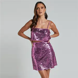 Amazon Aliexpress neu Damen Sling-Top Pailletten-A-Leiste kurzer Rockanzug Mode sexy Zweiteiliger Anzug