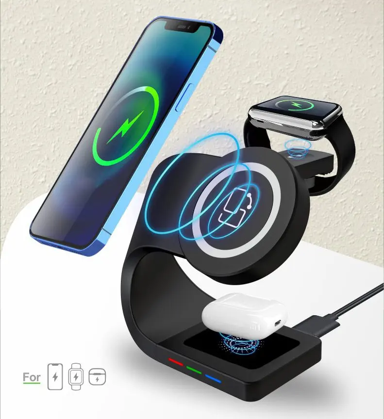 Hot 15W Smart Portable Holder Wireless Charger Stand Carregador Sem Fio 4 in 1 Watch Earbud Fast Charging Station