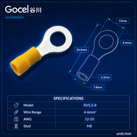 Connecteur à sertir électrique pour batterie RV5.5-8, borne annulaire GOCEL, isolé en PVC jaune, laiton étamé, 4-6mm², 12-10 AWG, goujon M8