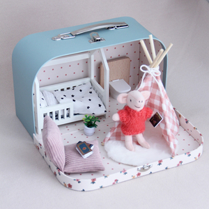 Portable Dollhouse Suitcase Miniature Bedroom Play set Wooden Bunk Star <strong>Bedding</strong> Gingham Teepee Rug Pretend Play - Product Image 3