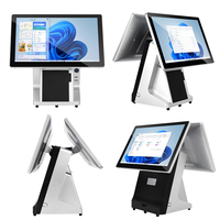 Sistema POS con Pantalla Táctil Capacitiva Doble de 15.6 Pulgadas, Terminal TPV Táctil con Base para Android o Windows, Máquina POS para Tiendas de Comida Rápida