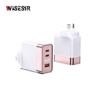 Chargeur rapide USB-C PD GaN 65W WISESIR avec protection OTP, QC3.0, 2 ports Type-C, adaptateur secteur mural compact