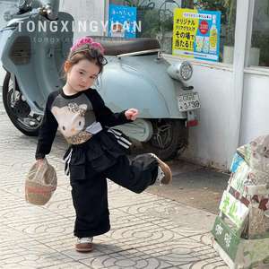 Girls Autumn Outfit 2025 Korean Style Long Sleeve Cartoon T Shirt With Butt Curtain Cargo Pants Two Piece Set - Product Image 3