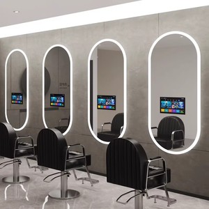 Semplice Postazione da Barbiere in Acciaio Inox, Attrezzatura per Salone, Specchio per Parrucchiere con TV e Luci da Parete - Product Image 2