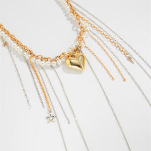 Cadena larga exagerada Cruz/estrella/plumas colgantes borlas corazón Collar para mujer moda señoras imitación perla gargantilla joyería - Product Image 4