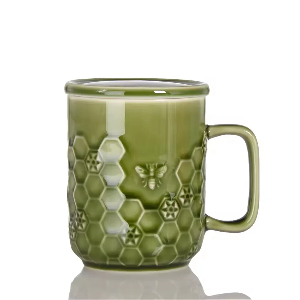 Acera Liven Honey Bee Mug with Lid Ceramic Tumblers Crafted with Beautiful Designsオリーブグリーンと手描きの金蜂