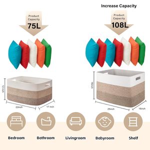 Panier tissé pour l'organisation, grand panier rectangulaire pour couvertures, panier tissé pour le rangement, salon avec poignée - Product Image 4