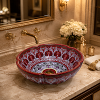 Lavabo en céramique rouge foncé mat, design floral, lavabo sur pied pour salle de bain, motif violet peint à la main, lavabo à poser pour villa