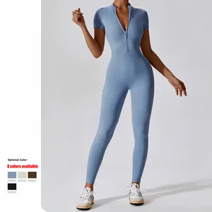 New Fashion Nude Women Gym Onesie Short Sleeves Leggings Slim High Elastic Quick Drying Breathable Naked Yoga Jumpsuits