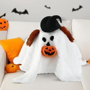 Bolsa de tratamiento de Halloween, fantasma de cara aterradora suave blanca con sombrero mágico negro que sostiene una calabaza vívida, perro fantasma de peluche relleno - Product Image 4
