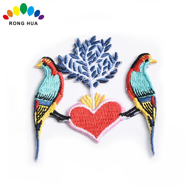 Woven Custom design towel letter embroidered bird patch iron on embroidery flower patches for clothing