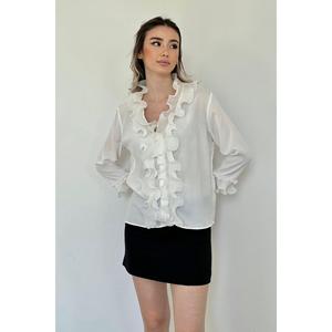 Chemise élégante en mousseline de soie blanche pour femme avec col à volants, style décontracté pour tous les jours - Product Image 3