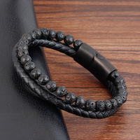 Bracelet en cuir noir à double sangle, bijoux fantaisie, avec barre d'identification vierge en acier inoxydable, fermoir à pression, personnalisable pour homme