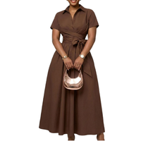 Robe décontractée grande taille pour femmes européennes et américaines, été 2026, sexy, coupe trapèze, en dentelle, à col revers, manches courtes, taille nouée, respirante