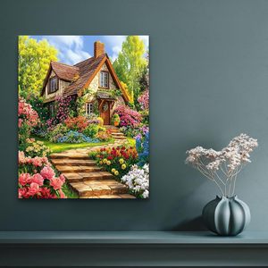 Dipinto Digitale Personalizzato su Tela Songwoo, Casa di Campagna Inglese con Giardino <span class=keywords><strong>in</strong></span> <span class=keywords><strong>Fiore</strong></span>, Pittura a Numeri - Product Image 3