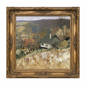 Peinture à l'huile Cottage en bord de colline, paysage de ferme et verger, encadrée or, pour décoration murale d'hôtel, auberge ou salon - Product Image 1
