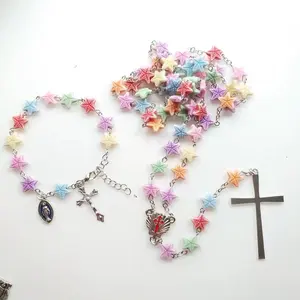 Nueva moda hecha a mano calidad estrella de mar cuentas Cruz católica religiosa colgantes collar niñas niños Rosario