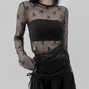 Kaos Jaring Hitam Elegan dan Ringan dengan Bordir Halus, Blus Wanita Lengan Panjang - Product Image 1