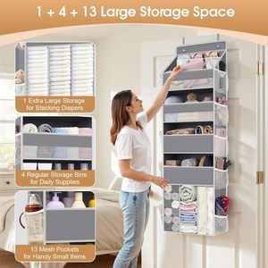 Organisateur suspendu sur porte, 18 poches, gris, rangement suspendu pour produits pour bébés, à fixer derrière la porte, type crochet mural - Product Image 4