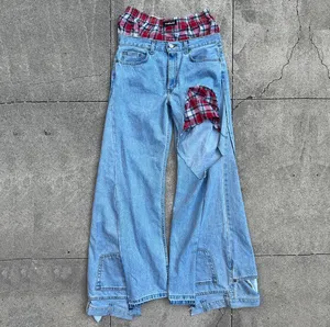 Pantalon en denim personnalisé à taille double Pantalon en jean évasé à carreaux jambe droite Taille haute Pantalon en jean ample en coton déchiré ample et surdimensionné pour hommes