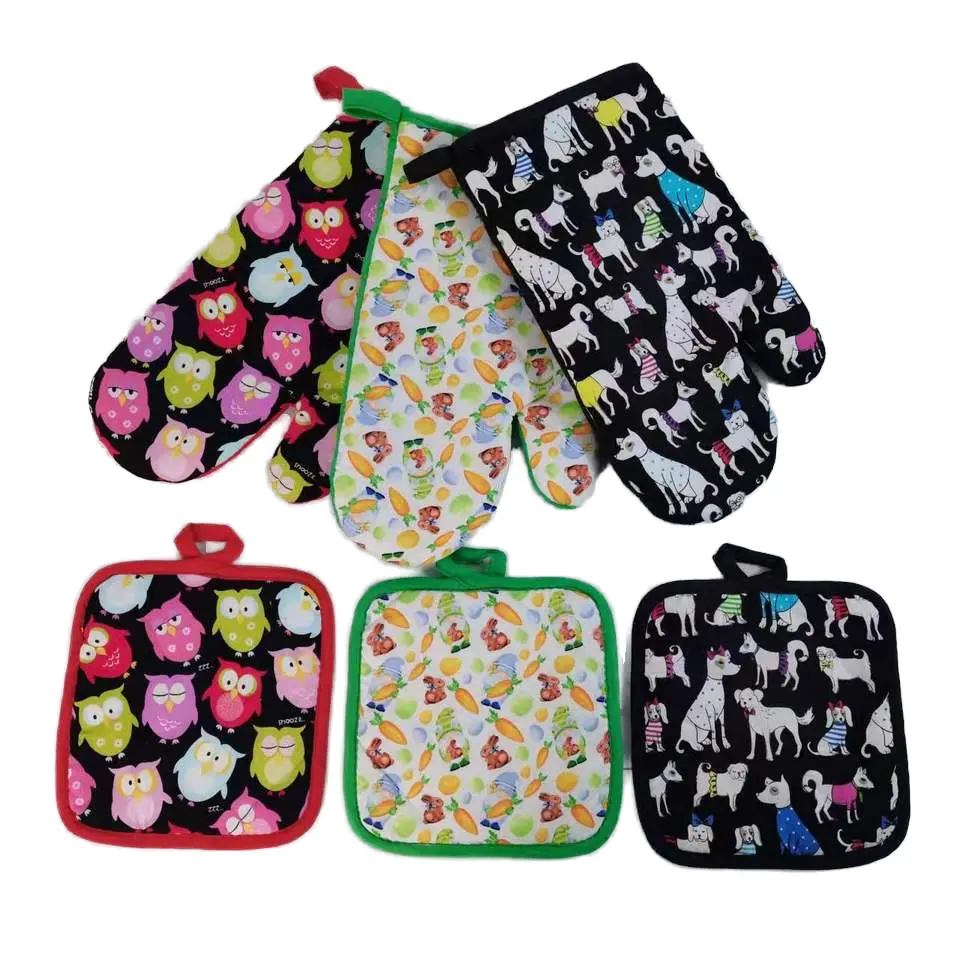 Customizable Printed Cotton Oven Mitts Heat Resistant Kitchen Pot Holder Sets for BBQ and Work