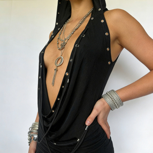 Minivestido sexy con capucha y cuello en V profundo para mujer, estilo Y2K, sin espalda, sin mangas, fruncido, ajustado, para discoteca - Product Image 4