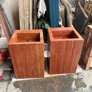 Diseño Moderno de Baño Pequeño, Lavabo de Mármol Natural, Lavabo de Travertino Rojo, Lavabo de Mármol Rojo Tallado en Bloque - Product Image 4
