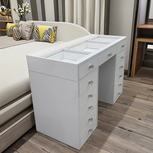 Modern PINK Wood Lighted <strong>Makeup</strong> Vanity Dressing <strong>Table</strong> with Storage Panel Mirror for Hotel Apartment Bedroom - Product Image 4