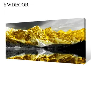 Lienzo de paisaje abstracto de alta calidad, pintura de montaña dorada y Lago, arte de pared sobre lienzo para decoración del hogar y la Oficina