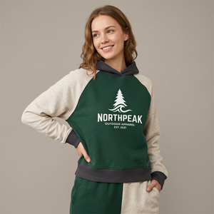 Felpa con Cappuccio e <span class=keywords><strong>Pantaloni</strong></span> <span class=keywords><strong>Beige</strong></span> per Donna, <span class=keywords><strong>Tuta</strong></span> Casual con Blocchi di Colore, Maniche Raglan e Logo Stampato - Product Image 1