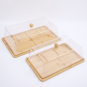Plateau en bois de bambou avec couvercle transparent pour la présentation de gâteaux et de desserts, plateaux de service pour hôtels - Product Image 1