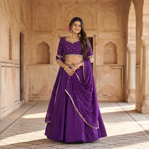 TENNECY Women's Traditional Sequins Thread Embroidery Reversible Wrinkle-Free Work <b>Top</b> Lehenga Chinon for Party Wedding - Product Image 1