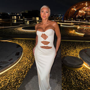 Robe de soirée fourreau sans bretelles, à découpes, taille nouée, couleur unie, taille naturelle, en tissu polyester - Product Image 3