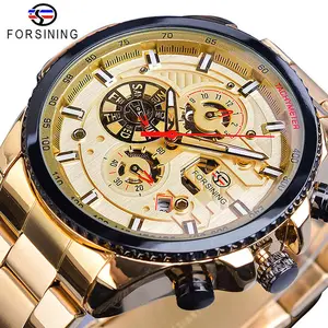 Top Clock Forsining Drei Augen Sechs Nadel Kalender Stahlband Männer Mechanische Automatik Armbanduhren Wasserdichte Sport Man Uhr