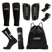 Ensemble de cinq pièces : Chaussettes de football en coton avec logo personnalisé, grip sportif, protège-tibias, sangles de maintien et sac à cordon