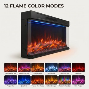 Chimenea Eléctrica de 30 Pulgadas y 3 Lados, 750W/1500W, Empotrada, con Llama Realista, 12 Colores, Control Remoto, para Sala de Estar u Hotel - Product Image 4