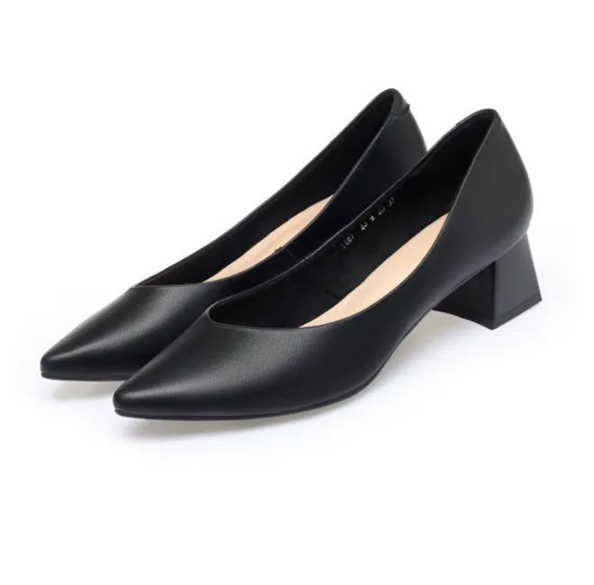 Factory Leather Women Ladies Loafers Business Black Shoes OL Women Elegant Pointed Toe Thick Heel Low Heels Shoes