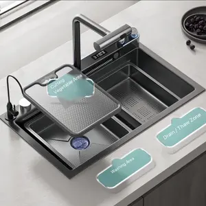 Popular fregadero de cocina con pantalla digital LED inteligente de lujo con juego completo de piezas y arandela de taza Fregadero de cocina negro