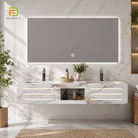 Meubles-lavabos de salle de bain en pierre frittée à surface solide, avec vasque en dalle de roche, armoire murale double vasque et miroir LED