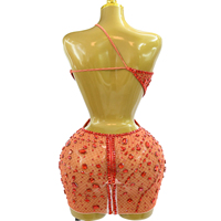Robe mini moulante pour femme en maille transparente, ornée de strass rouge orangé, à col licou et découpes, pour scène et soirée
