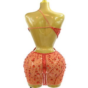 <span class=keywords><strong>Mini</strong></span> Abito da Donna <span class=keywords><strong>in</strong></span> Rete Trasparente Arancione Rosso con Strass, Halter, Cut-out, Bodycon, per Spettacoli e Serate - Product Image 5